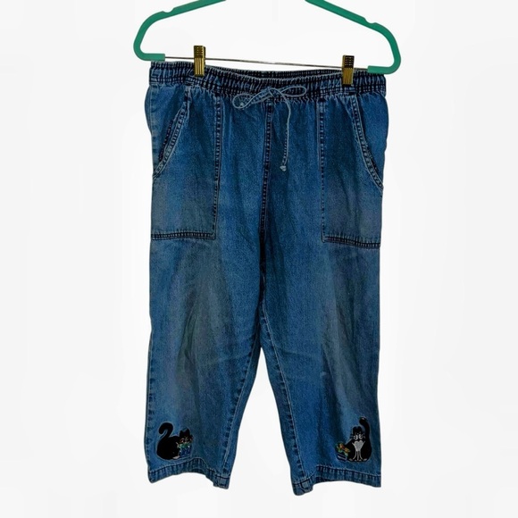 Vintage Cat Embroidered Blue Denim Pants Jeans KT Sport 31” M cropped retro - Picture 1 of 8